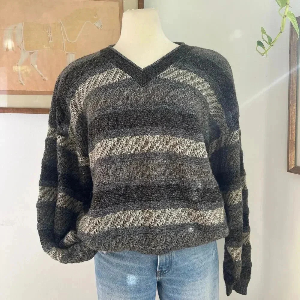 Vintage Striped V-Neck Sweater, Cozy Knit Top, 90s Style Casual Pullover size XL